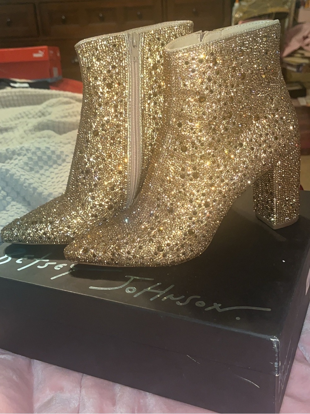 Betsey Johnson Gold Glitter Pointed Ankle Booties
